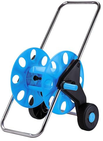 Garden Hose Reel Trolley Cart, 5 to 50M Hose Pipe Storage Reel for 1/2 Hose, Anti Twist Rewind with 2 Wheels for Garden Watering Lawn Patio Car Cleaning Outdoor Use (Blue Trolley Cart)