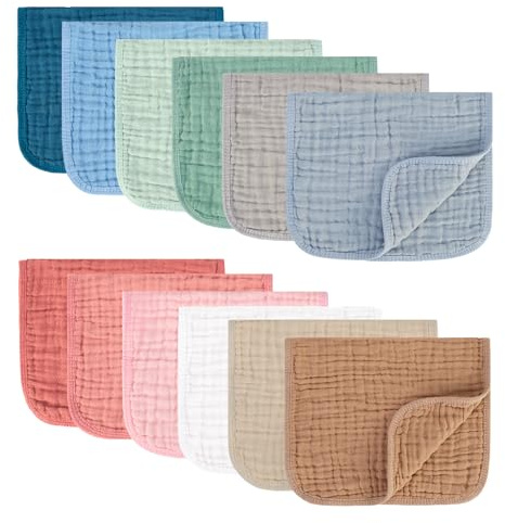 MIGIOL Muslin Burp Cloths 100% Cotton Pack of 12. Soft, Gentle & Absorbent Baby Burp Cloths for Baby Girl & Boys.(Mixed Color 12 Pieces)