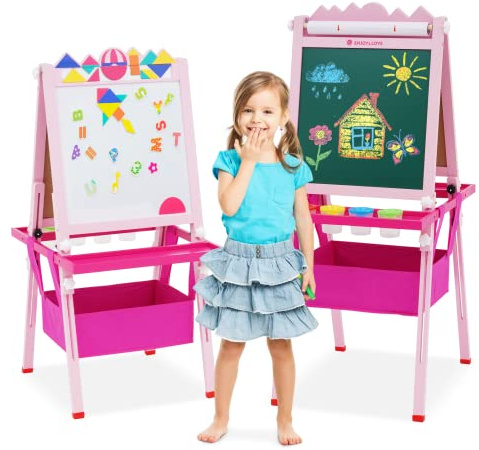 EULEUY Cavalletto artistico per bambini piccoli, regolabile in altezza, lavagna bianca bifacciale e lavagna per gesso con rotolo di carta, set artistico in legno da tavolo per bambini, regalo per