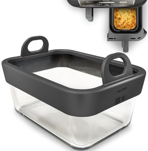 Glas Auflaufform für Airfryer mit Silikongriffen – Heißluftfritteusen Zubehör passend für Cosori, Ninja, Philips uvm. Hitzebeständig, Kraztfest, Spülmaschinenfest, Herausnehmbarer Silikonring