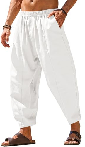 Runcati Mens Harem Pants Casual Elastic Waist Drawstring Cotton Cropped Pants Baggy Hippie Boho Beach Yoga Trousers White