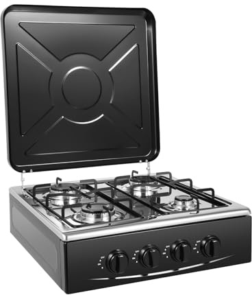 Gasherd Propan 4 Flammen Gaskochfeld Outdoor Camping Kochfeld aus Eisen mit Manueller Zündung und Ablageflächen Ideal für Wohnmobil Garten und Outdoor Küche