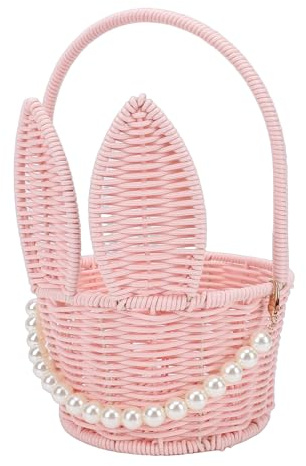 ZDAGELD Cestino Pasquale in Rattan Rosa, Realizzato in Rattan PP, Lavorazione Meticolosa, Orecchie da Coniglio, Comoda Maniglia, Ideale per Riunioni di Famiglia, Matrimoni, Campeggio,