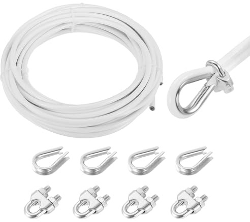 QUARKZMAN 10 meter x 8 mm vajerlina i rostfritt stål, stålvajer spänntråd med 4 x vajertrådspänn och 4 x kaucher, rostfritt stålsvajer 304 gardinrep tvättlina för klätterväxter, Vit