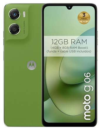 moto g06 12GB (4GB+8GB RAM Boost)/256GB color PANTONE TENDRIL, Gran pantalla 6.88 con sonido Dolby Atmos®, Sistema de cámara con IA de 50 MP, Protección contra el agua IP64, Batería de 5100 mAh