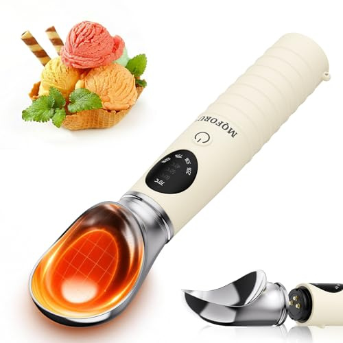 MQFORU Cuchara para helado calentada, Cuchara para helado eléctrica recargable con pantalla LED, Calor portátil de 4 niveles 40-70 °C, 2500 mAh para helado duro, Apto para lavavajillas (Beige)