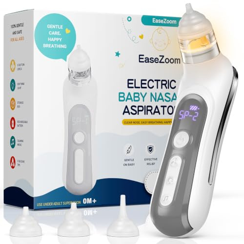 Nasal Aspirator Baby, Electric Nose Sucker with 5 Suction Levels, 3 Tips | 5 Suction Levels, 3 Silicone Tips, Anti-Backflow Design, Quiet Operation, Soothing Music & Night Ligh, Type-C Charging