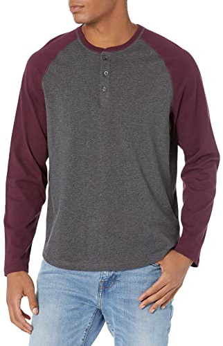 Amazon Essentials Men's Long-Sleeve Henley Shirt, Charcoal Heather/Maroon, Large