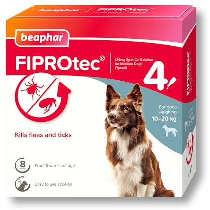 Beaphar - FIPROtec Spot-On Flea & Tick Treatment for Medium Dogs 10-20kg - 4 Pipettes - Kills Fleas & Ticks – Veterinary Medicine - Easy to Apply Monthly - Suitable for Dogs & Puppies from 8 Weeks