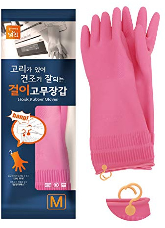 Myungjin Reusable Waterproof Household Dishwashing Non-Slip Cleaning Rubber Gloves with Hang-Dry Hook (1 Pair/Medium)