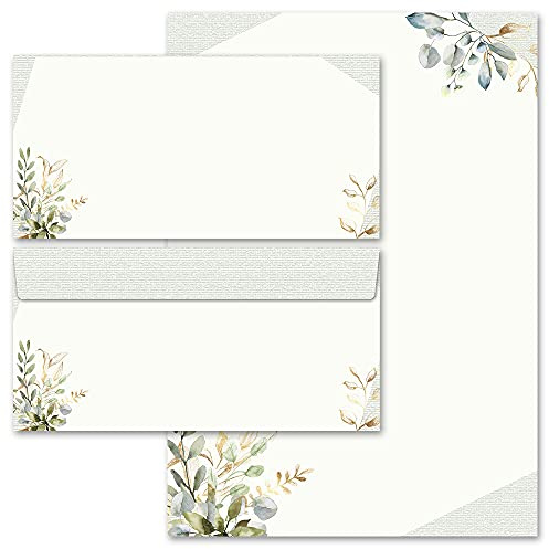 Briefpapier Sets Motivpapier Blumen & Blüten, GRÜNE ZWEIGE 100 Blatt Briefpapier + 100 passende Briefumschläge DIN LANG ohne Fenster