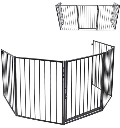 Froadp Kaminschutzgitter Metall Ofenschutzgitter mit Tür 305 x 76 cm Laufgitter Baby Laufstall Absperrgitter Tierschutzgitter Inkl. 5 Elementen Kamingitter Kinderschutz Schutzgitter (Schwarz)