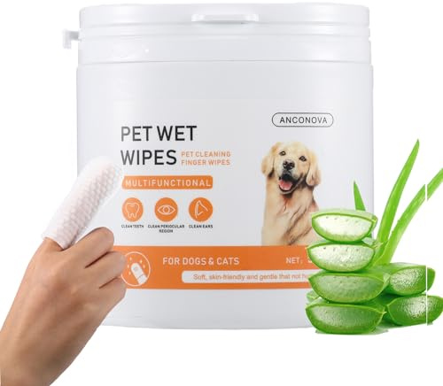 ANCONOVA Pet Teeth Disposable Gentle Cleaning Wipes Multifunctional, Finger Toothbrush for Dogs & Cats Bad Breath Eliminator Removing Plaque & Tartar Buildup No-Rinse Gum Care Pet Wipes 55