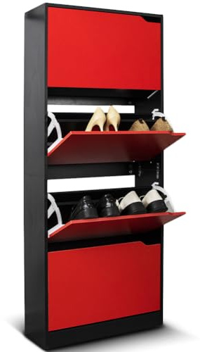 BAKAJI Scarpiera Portascarpe in Legno MDF con 4 Ante Porta Scarpe a Ribalta Maniglie a Scomparsa Doppia Profondità Dimensioni Compatte Slim 63 x 24 x 150 cm Salvaspazio Ingresso Casa (Rosso e Nero)