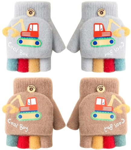 HYMBCFW Guanti Senza Dita per Bambini, 2 Paia Guanti a Maglia Calda con Stampa Escavatore, Mezze Dita, Elasticizzati per Ragazzi Ragazze di Età Compresa Tra 3 e 5 anni