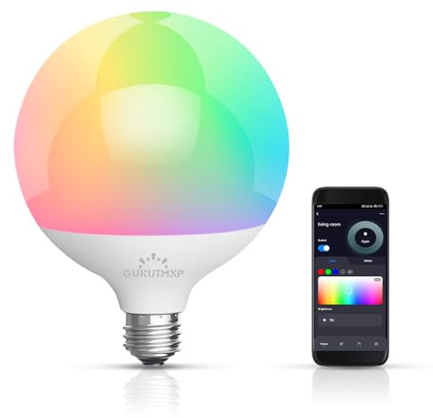 GUKUTMXP Lampadina intelligente E27, lampada WLAN 15W 1500LM 16 milioni di colori fai da te, lampadina dimmerabile Compatibile con Alexa e Google Assistant, G120 Lampadina bianca calda (2700K-6500K)