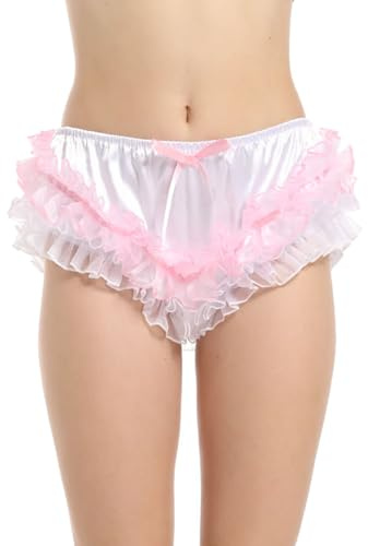 Women Satin Frilly Organza Sissy French Puffy Underwear Knickers Briefs Panties (Large) Pink