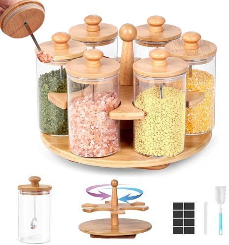 SXTIHD Portaspezie girevole in bambù, 6 barattoli da 330 ml con cucchiaio, carosello in legno per la cucina, etichette