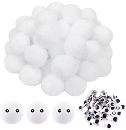 TOAOB 50 Piezas Pompones Grandes de Blanco de 3 cm Bolas de Fieltro Pompones con Ojos Móviles Negros Para Decoraciones Manualidades Creativas y Decoraciones Bricolaje
