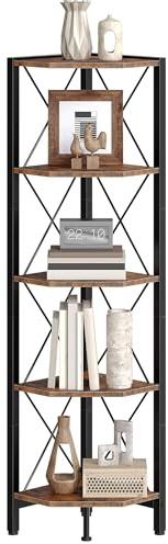 CHOEZON 5-Tier Corner Shelf, Corner Bookcase, 55.2 Tall Vertical Display Rack, Plant Stand, Open Storage Shelf, for Living Room, Bedroom, Study, Kitchen, Rustic Brown and Black TCJ12BF
