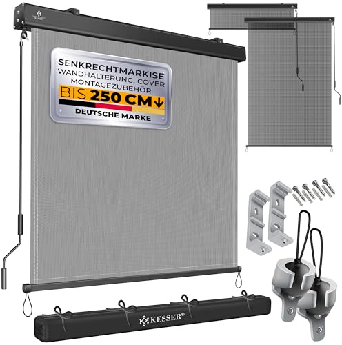 KESSER® Senkrechtmarkise 200x250cm Außenrollo Handkurbelmechanismus Balkonrollo Sonnen-und Sichtschutz Beschattung Sonnenschutz mit Kurbel Markisenkasten Balkon & Terrasse inkl Montageset & Abdeckung