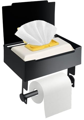 Porta Rollos de Papel Higienico, Portarrollos de Papel Higiénico con Caja para Toallitas Húmedas, Soporte de Papel higiénico con Estante, Acero Inoxidable 304, Soporte para Rollos de Papel - Negro