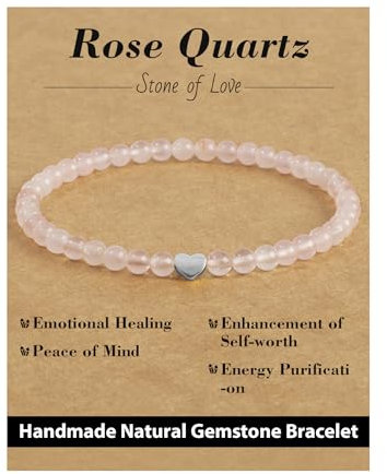 Landorilo Bracelets for Women, 4mm Natural Stone Healing Crystal with 925 Sterling Silver Heart Beads, Friendship Beaded Bracelet, Birthday, Valentine's Day, Christmas Love Gift（Rose Quartz）