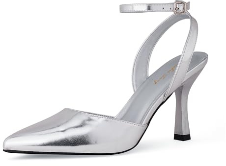 Zhabtuc Trendige Knöchelriemen-Pumps für Damen – Sexy geschlossene, Spitze, mittelhohe Stiletto-Absätze für die Abschlussballparty, Silber, 38.5 EU