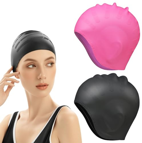 2Stück Silikon Badekappe Ohrenschutz,Schwimmmütze Wasserdicht,Erwachsene Unisex Schwimmkappe für Lange Haar,Einfarbige Elastische Badekappe(Schwarz/Rosa)