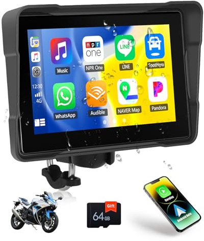 GOHHDL Moto Carplay Écran avec sans Fil Carplay Android Auto, 5 Pouces IP67 Étanche Portable pour Moto avec Navigation Siri Bluetooth Trans Airplay Android Cast EQ +64G TF Card