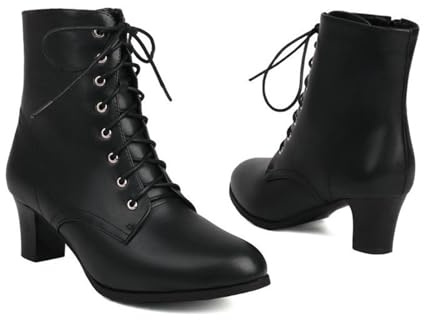 KUHAOFEU Botines con Cordones Tacón De Bloque De Cuero De PU Botas De Caña Corta para Mujer,Negro,39 EU