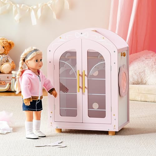 ROBOTIME Wooden Doll Wardrobe with Hangers & Mirror for 18 Dolls, Pink