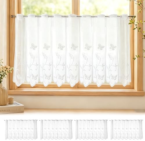 4 stycken skivgardiner, sheer fönstergardiner, 130 x 45 cm, korta fönstergardiner, voile fönstergardiner, kort stormblomma, halvtransparenta broderier, skivgardiner, för köksfönster/skåp/husvagn
