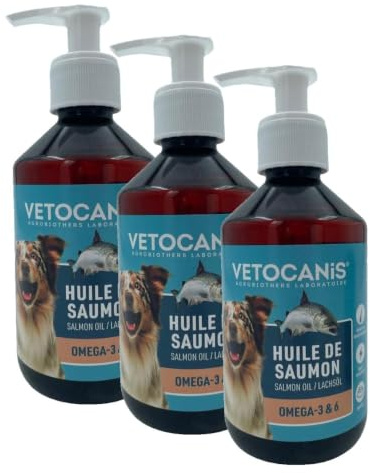 Vetocanis | Huile de Saumon pour Chien et Chat | Aliment Complémentaire Chien et Chat | A Base d'Oméga 3 et 6 | Hygiène et Santé du Chien et du Chat | 250 ML (Lot de 3)