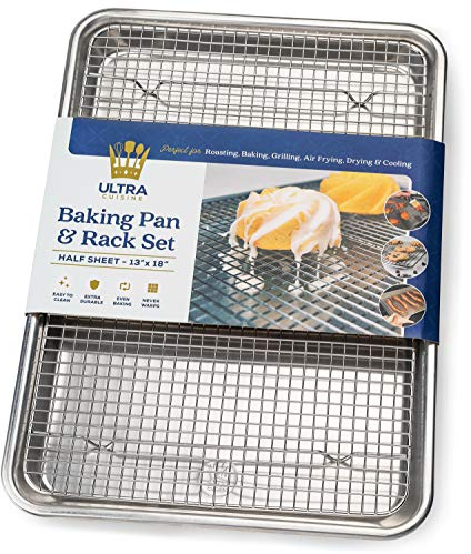 Ultra Cuisine Aluminum Baking Sheet with Stainless Steel Cooling Rack Set -Half Sheet Size Pan 13 x 18 inch, Durable Rimmed Sides, Easy Clean, Commercial Quality for Cooking and Roasting