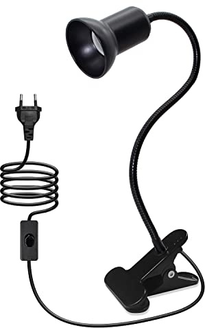 Lampada da Lettura con Pinza Lampada da Scrivania a Clip LED con 40cm Collo di Cigno Flessibile Luce da Letto a Clip con 220cm Cavo E27 Lampada a Morsetto per Rettili, Max 75W (Switch-Nero*1)