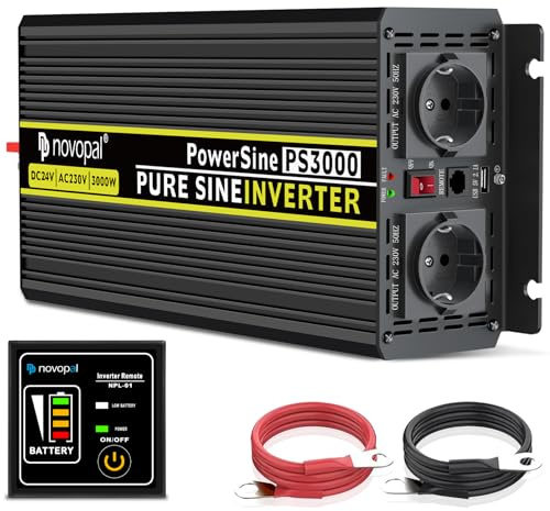 NOVOPAL 3000W Wechselrichter 24v Auf 230v Reiner Sinus Spannungswandler mit 2 EU-Steckdose und Einer 2,1A USB,5M Fernsteuerung und 2 Lüftern