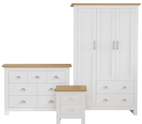 Blisswood Bedroom Furniture Set,3 Piece Bedroom Set With 3 Door Wardrobe & 4+3 Drawer Chest of Drawer + 2 Drawer Bedside Table (3 Door Wardrobe + 4+3 Drawer Chest & 2 Drawer Bedside Table White)