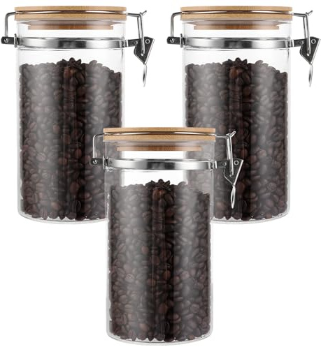 WOPPLXY 3 Pièces Boite a Cafe Hermetique Transparent, 1150 ml Boite a Cafe, Boite Cafe en Verre et Bambou pour le Stockage des Grains de Café