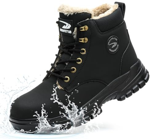 Botas de Seguridad para Hombre Mujer Invierno Impermeable Ligeras Zapatos de Seguridad con Punta de Acero Antideslizantes Botas de Trabajo con Forro Cálido, Negro, EU 46
