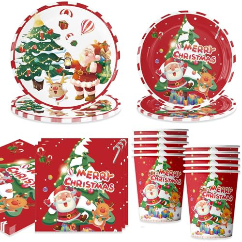 Bikasun Weihnachten Partygeschirr Set, Weihnachts Geschirr Set 16 Gäste, Weihnachtsbaum Pappteller Servietten Pappbecher, Weihnachtsfeier Dekoration, Christmas Party Deko