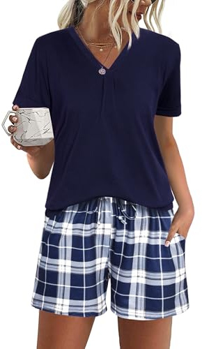 Jezonga Pyjamas Femme Ete Coton Ensembles de Pyjama Court Vêtements de Nuit Manches Courtes Col V avec Poches Latérales Bleu L
