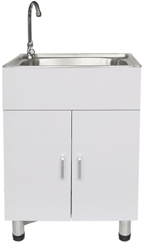 Rounded Corner Design Stainless Steel Sinks Adjustable Pedestal Washbasin Wood Cabinet Sinks Cabinet Kitchen Sink Suitable for Garage Basement Shop and Laundry Room(53x38x76cm/20.8x15x29.9)