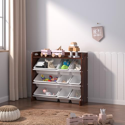 Duffy® Kids Storage Unit Toy Box Organiser Bookshelf With Removable Baskets, for Bedroom, Nursery, Playroom (Brown Wood/White Bins)