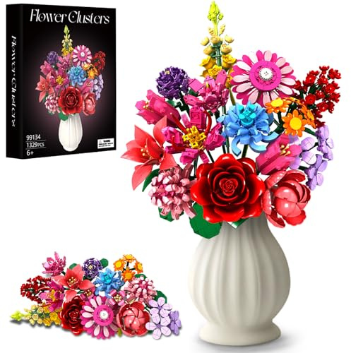 Lot de 1329 blocs de construction floraux intemporels avec 14 types de fleurs différents, kit de bricolage pour décoration florale colorée pour la maison/le bureau, cadeau d'anniversaire, anniversaire