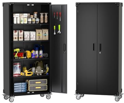 72 in Tall Garage Storage Cabinet – 600 LB Capacity Metal Tool Cabinet with Magnetic Lock, 4 Adjustable Shelves & Wheels, Heavy-Duty Steel Storage for Workshop, Home & Office