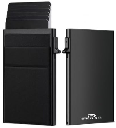 D-RUSH Portacarte Uomo Slim RFID | Portafoglio Alluminio Anodizzato 6 Carte | Pulsante Pop-up, Tasche Lycra per Banconote e Monete – Nero
