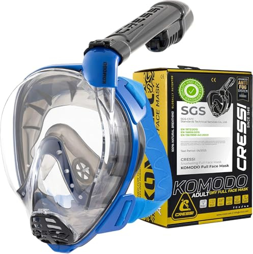 Cressi Komodo Full Face Dry Snorkelling Mask - 180° Panoramic View Snorkelling Mask - Dry Side Snorkel & Adult Snorkel Set - CO2 Safe Silicone Skirt & Scuba Equipment - Blue/Black - M/L