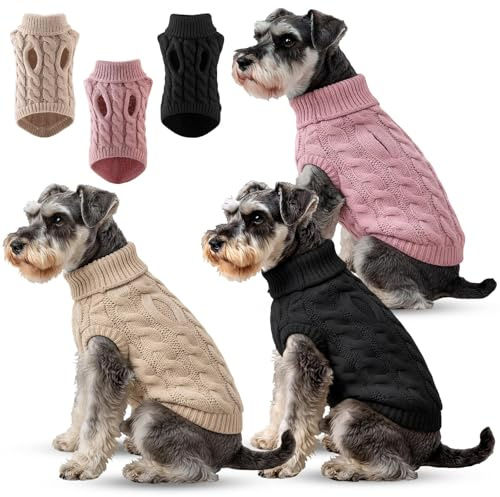 3PCS Dog Jumpers, Knit Sweaters for Small to Medium Dogs, Soft Warm Winter Dog Outfits for Small Dogs (Black and khaki and pink)