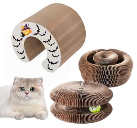 zanimoo Miaou Loop - Griffoir interactif，Griffoir pour Chat Pliable avec Jouet à Cloche, Parfait pour intérieur et extérieur, Set interactif